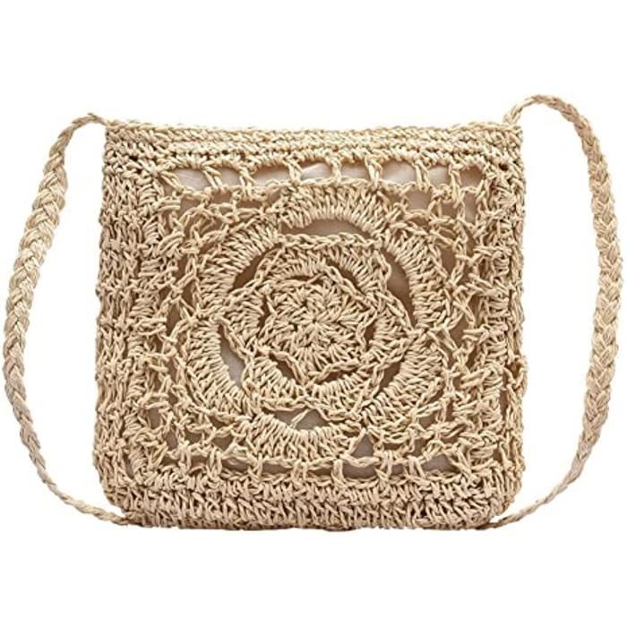 Beige Sacs en paille pour femme sacs en paille de plage dété avec pompon Mini sacs à main en paille avec fermeture éclair tissée