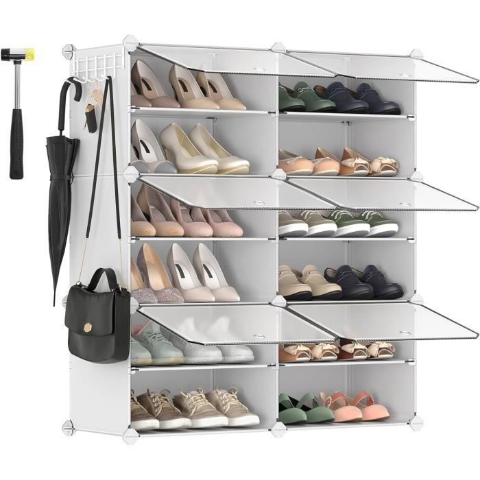 Étagère à Chaussures Blanche - 2 Tours (15 + 12 Compartiments), Hauteur Réglable - Pour Couloir, Dressing, Chambre