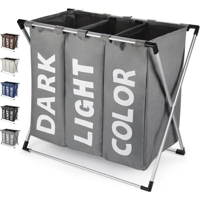 Panier à Linge 3 Compartiments 150L - Structure Métal, Sacs Amovibles Lavables, Rangement Pratique