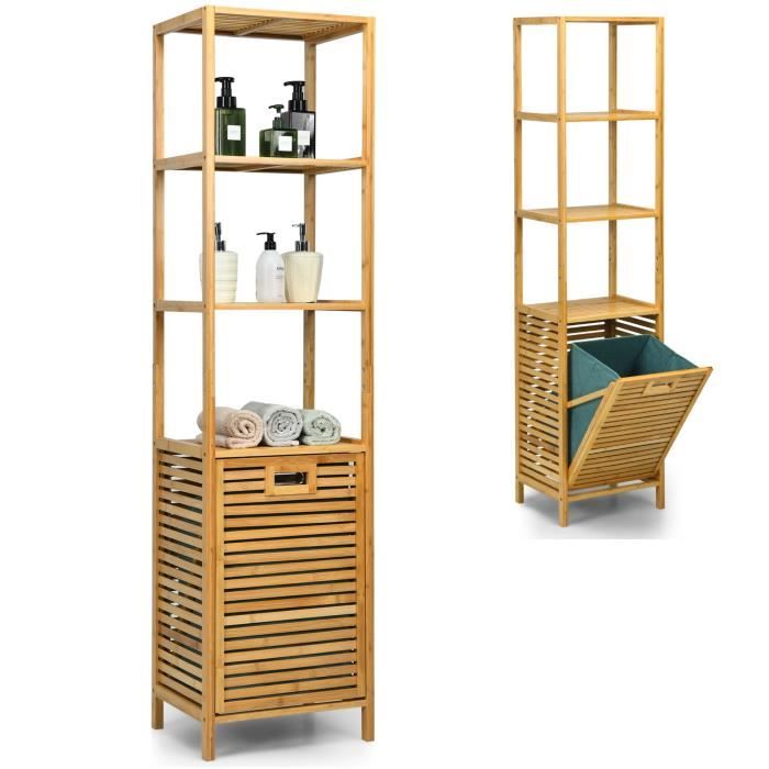 DREAMADE Armoire de Salle de Bain 3 Étagère avec Panier à Linge Amovible Meuble Salle de Bain en Bambou pour Toilettes Chambre