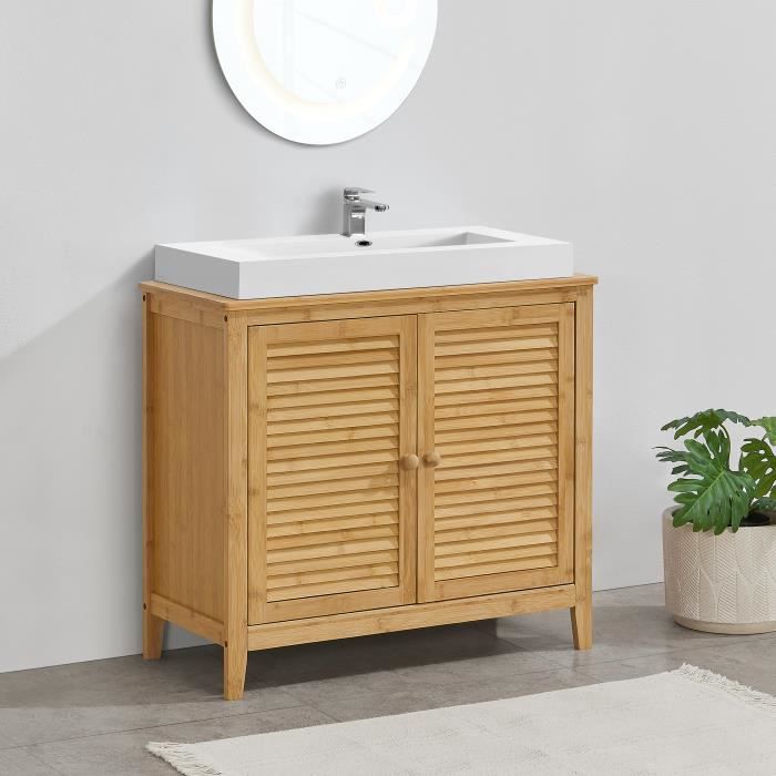 Meuble sous lavabo Värmdö avec 2 portes en bambou 60 x 67 x 30 cm