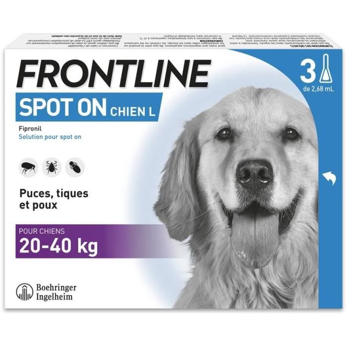 Comparer les prix de FRONTLINE 3 Pipettes antiparasitaires SPOT ON Chien - 20-40 kg - Puces, tiques, poux