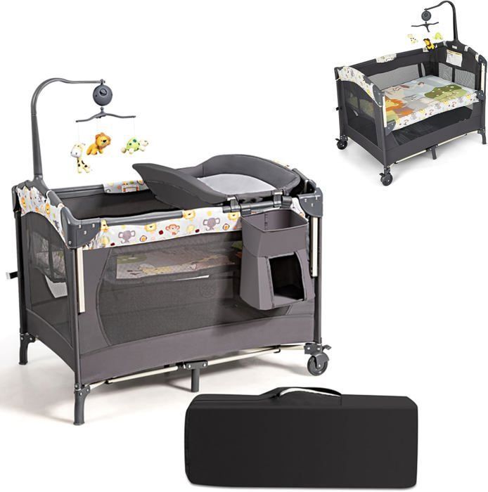 GOPLUS 4 en 1 Lit Parapluie Bébé 0-36 Mois Table à Lange Pliable à 3 Niveaux Réglables avec Jouets Musicaux Matelas etc. Gris foncé