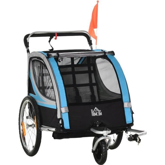 HOMCOM Remorque vélo pour Enfant 2 en 1 Convertible Jogger Poussette  capacité 26,4 kg avec réflecteurs et Drapeau - 2 Places - Bleu - Cdiscount  Sport