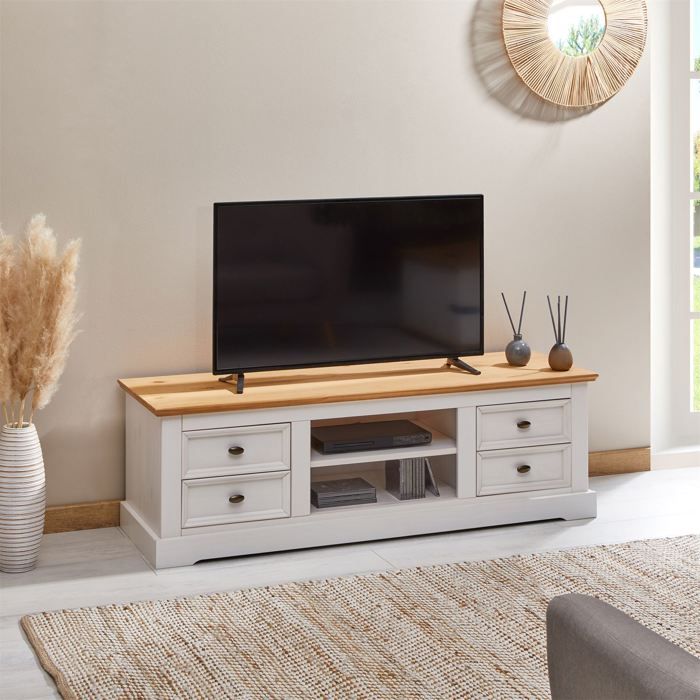 Meuble TV KENT L 144 cm en bois massif blanc et brun avec rangement 4 tiroirs et 2 niches pour télévision jusquà 60 Meuble TV KENT L 144 cm en bois massif blanc et brun avec rangement 4 tiroirs et 2 niches pour télévision jusquà 60