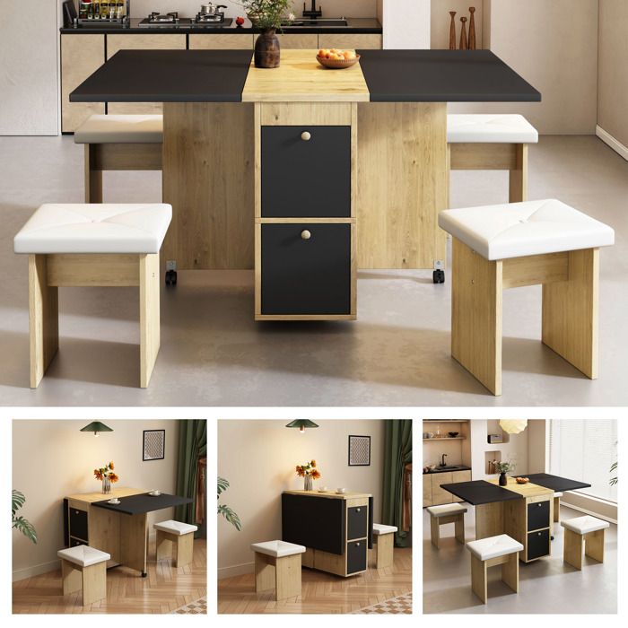 Ensemble Table à Manger Extensible avec 4 Chaises Mange Debout Pliant avec 2 Tiroirs Noir