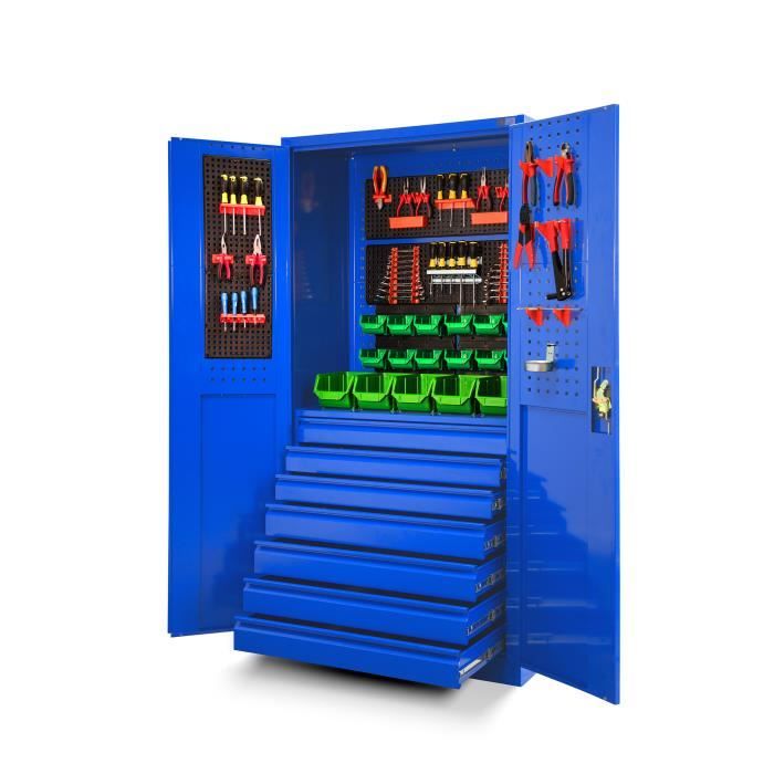 Armoire à Outils TC007 Armoire datelier Métallique avec 7 Tiroirs Portes battantes Tôle dacier 185 cm x 92 cm x 50 cm (Bleu)