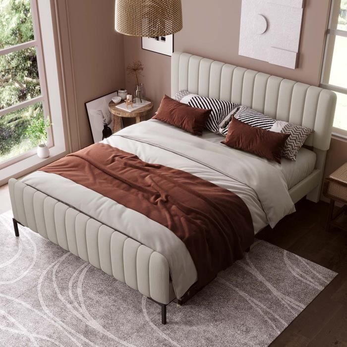 Lit adulte 160x200 cm sommier à lattes tête de lit réglable tissu en lin beige