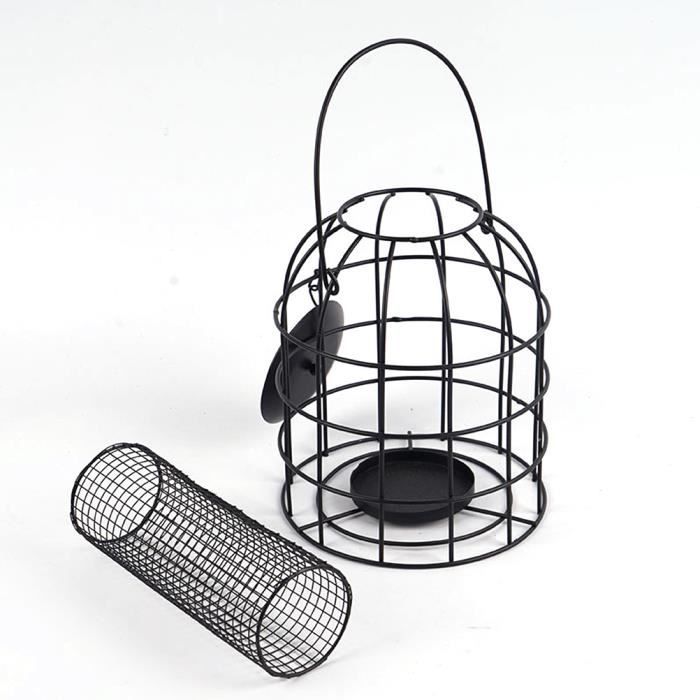 Mangeoire à oiseaux en cage OMABETA - Distributeur de nourriture en métal noir pour oiseaux sauvages