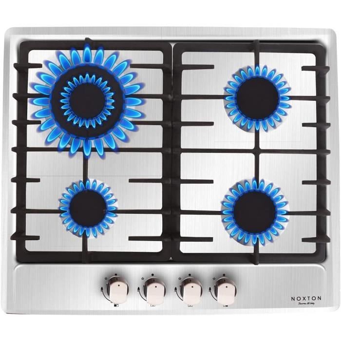 Table De Cuisson Gaz Encastrable 4 Feux - Double Couronne - Verre Noir - 7800W