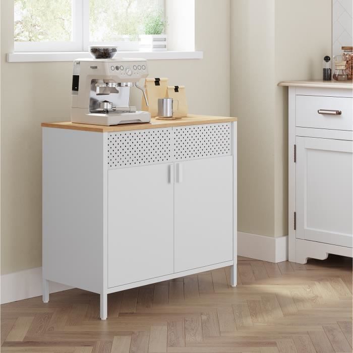 Buffet Meuble de Rangement Double Porte Fermeture Magnétique Cadre en Acier Couleur Boisée et Blanc Buffet Meuble de Rangement Double Porte Fermeture Magnétique Cadre en Acier Couleur Boisée et Blanc