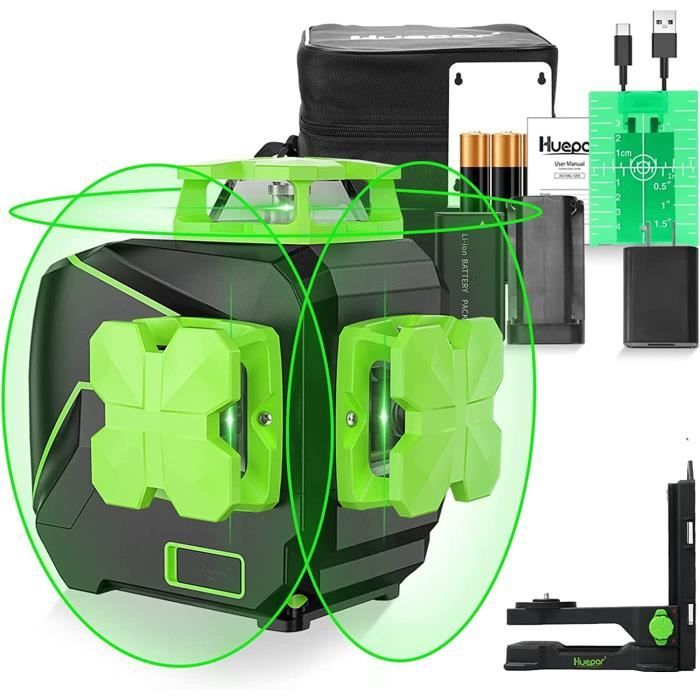Lot niveau laser huepar bluetooth S04CG vert 4d sur batterie + recepteur lr6 -rg