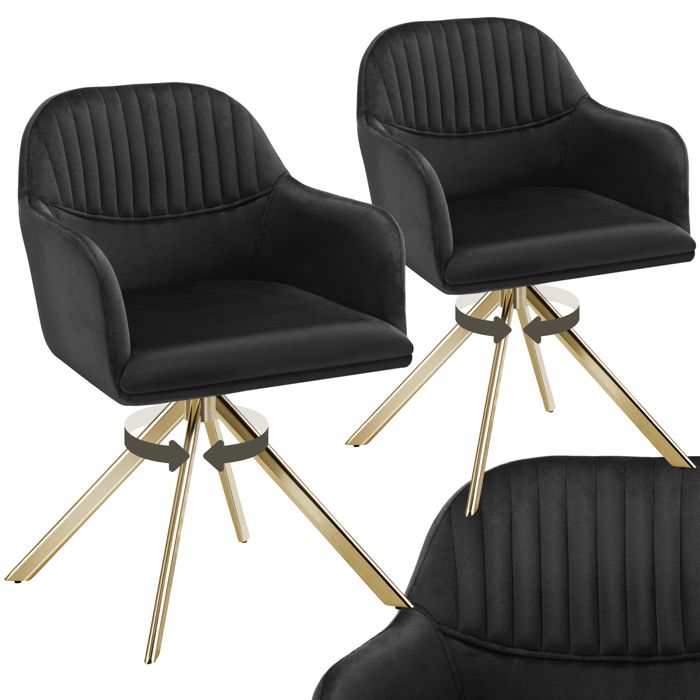 Chaise - TECTAKE - Lot de 2 fauteuils LONA pivotants avec rembourrage épais aspect velours 56 x 59 x 81 cm - Noir/Or