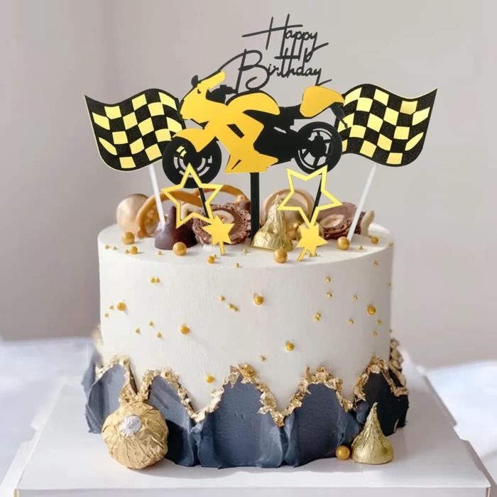 Lot De 13 Décorations De Gâteau Moto - Paillettes Noires - Thème Anniversaire Garçon, Sport - Décoration Non Comestible