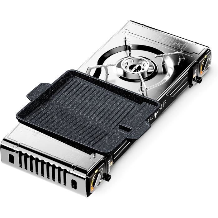 Réchaud à Gaz 2 Feux En Fonte – 8000 W Par Brûleur, Régulateur De Pression 0-10 PSI – Robuste, Portable, Pour Camping, Pique-nique, Barbecue – Dimensions 48x25x11,5 Cm
