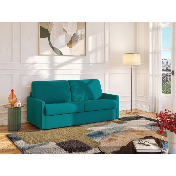 VENTE UNIQUE Canap&eacute; 3 places convertible express en tissu bleu turquoise - Couchage 140 cm - Matelas 14 cm CALIFE 