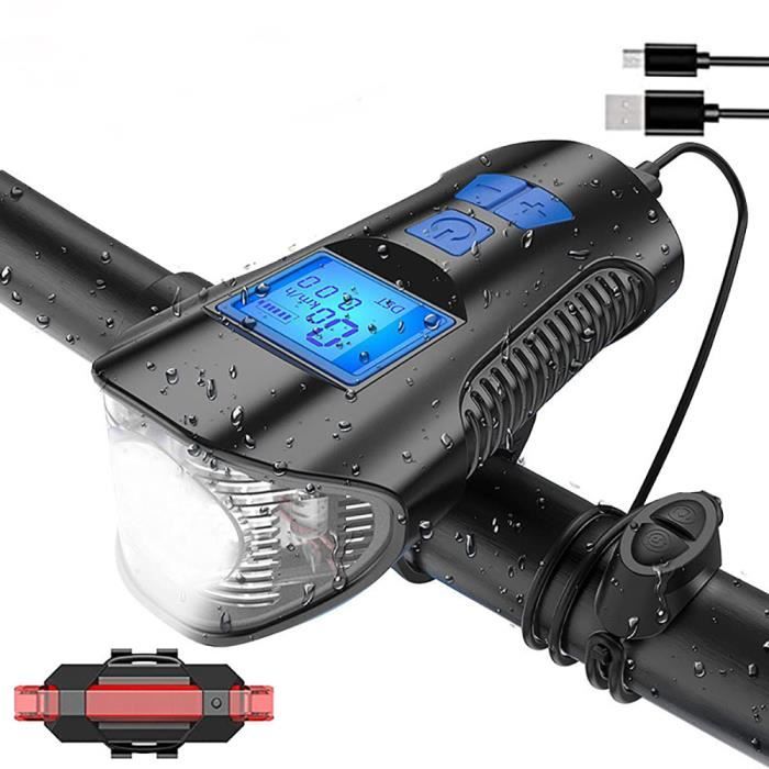 étanche Kit Lumière de vélo USB Rechargeable, Ensemble Lumière Vélo avec Klaxon et Compteur de Vitesse -Noir et bleu