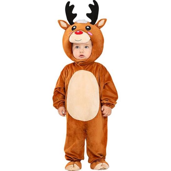 Costume Renne Bébé – Grenouillère Velours Chaud, Capuche à Cornes, 0-24 Mois