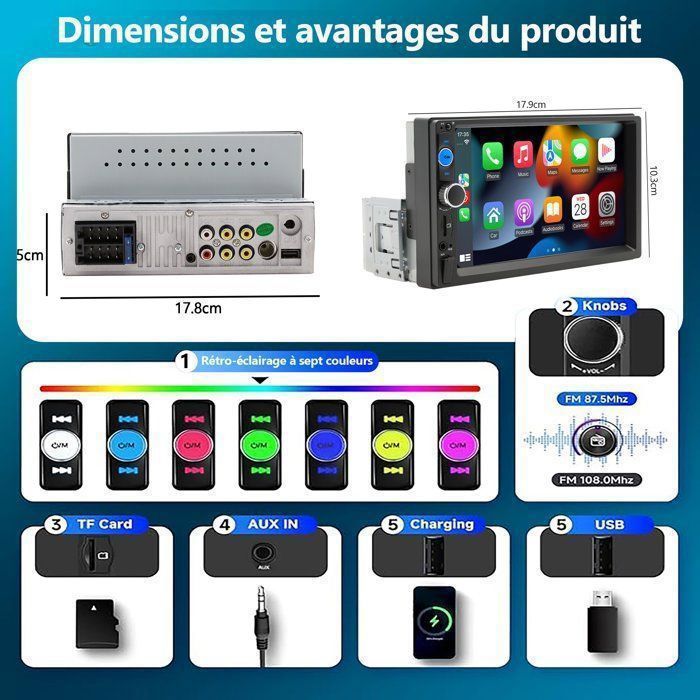 Autoradio 1 Din 9 Pouces Avec CarPlay & Android Auto - Écran Tactile, Bluetooth, Caméra De Recul Et Contrôle Volant