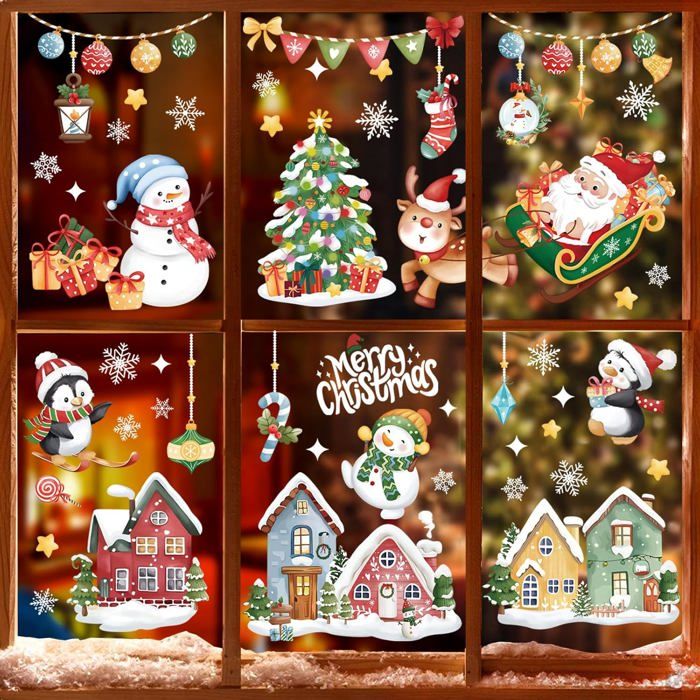 Stickers Fenêtre Noël électrostatiques - Maison, Arbre, Flocons, 9 Feuilles 20x30cm, Sans Colle