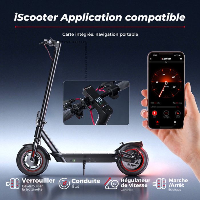 Trottinette Électrique Pliable i10pro - Autonomie 60km Vitesse 45km/h Batterie 15Ah Pneus 10'' Moteur 800W 4 Modes avec Scooter APP - Sport
