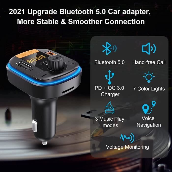 Transmetteur FM Bluetooth 5.0, Adaptateur Bluetooth Voiture