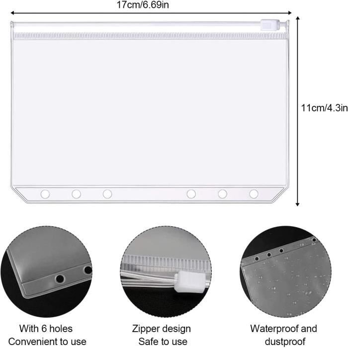 Lot de 12 pochettes plastiques transparentes 6 trous Format A5 Fermeture éclair Pour documents photo, cartes, factures