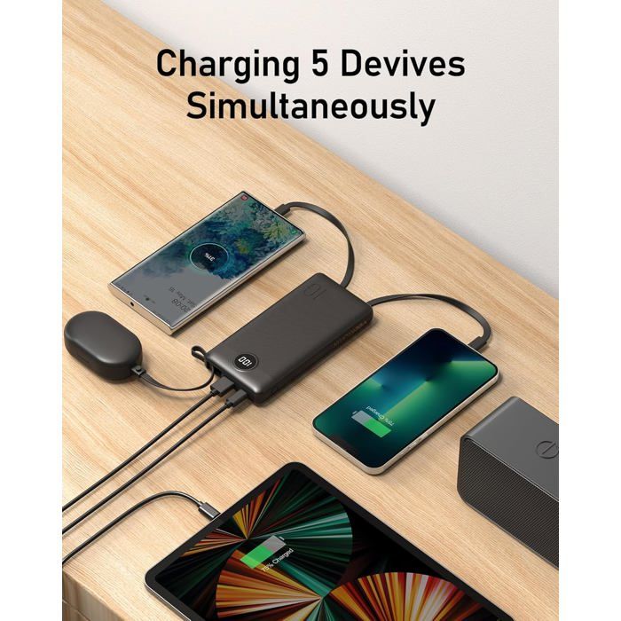 Batterie Externe 20000mAh Avec Câbles Intégrés - 4 Câbles (USB-C, Micro, Lightning, USB-A), 5 Sorties, Charge Rapide, Légère - 7