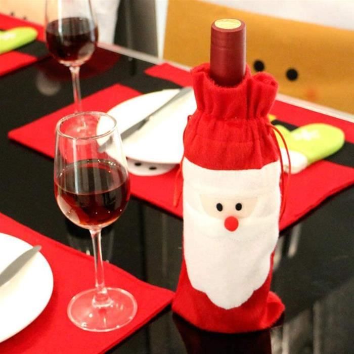 Sac à Bouteille De Vin Noël – Tissu Rouge Avec Motif Père Noël – Cordon De Serrage, Décoration De Table