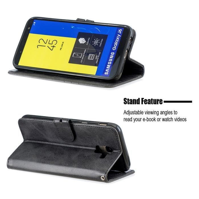 Haute Qualite Housse pour Samsung Galaxy J6 Housse Telephone Protection PU Cuir Antichoc Pochette Etui Galaxy J6 5.6 Noir