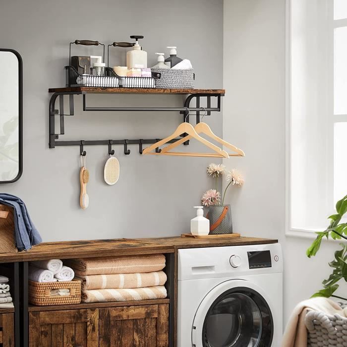 Étagère Murale Avec Barre à Crochets « Lucena » - étagère Murale Moderne En Bois Massif