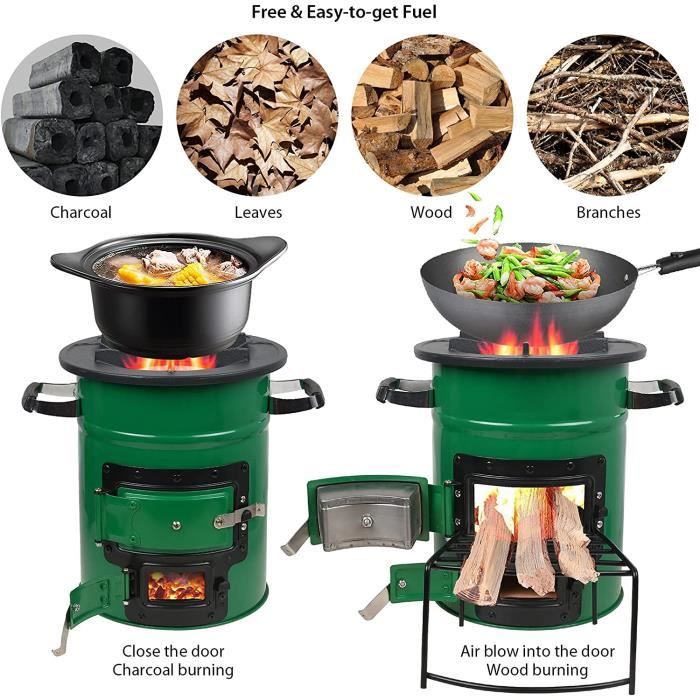 Rocket Stove Acier Inoxydable - Poêle à Bois Camping - Pour Cuisine Extérieure, Barbecue - Avec Sac Transport Et Support