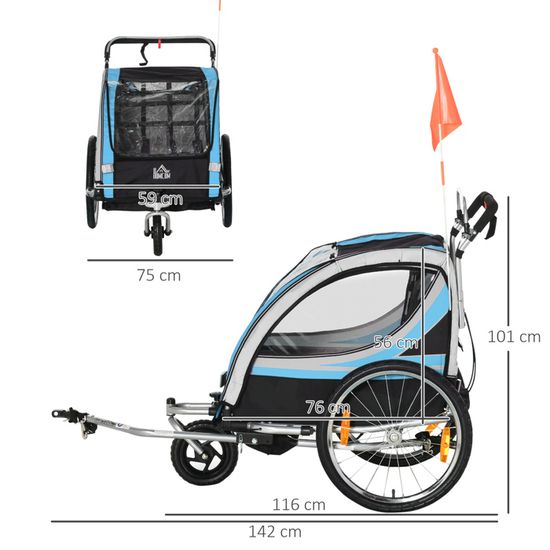 Remorque Vélo Enfant HOMCOM 2 En 1 - Poussette Et Remorque, Roue Pivotante, Frein, 142x75x101 Cm