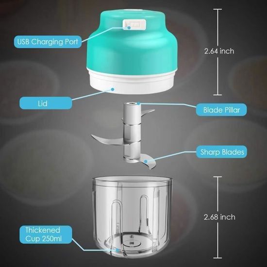 Mini Hachoir Portable à 3 Lames, Presse-purée électrique Intelligent Rechargeable Par USB De 250 Ml Pour Hacher L'ail, La Viande Hachée, L'oignon, Les