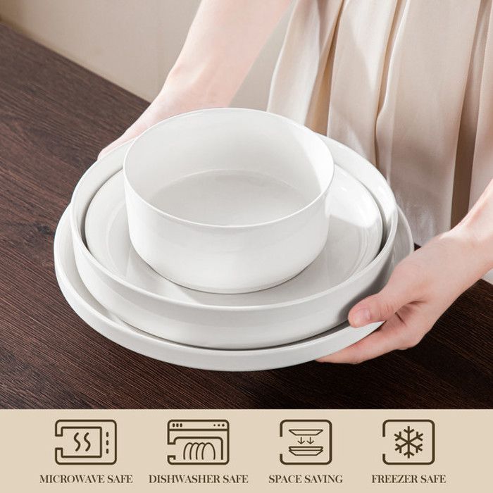 Service De Table Porcelaine LEILA MALACASA – 24 Pièces Pour 6 Personnes – Motif Relief Ondulé Blanc & Bord Noir – Lavable Lave-Vaisselle - 10
