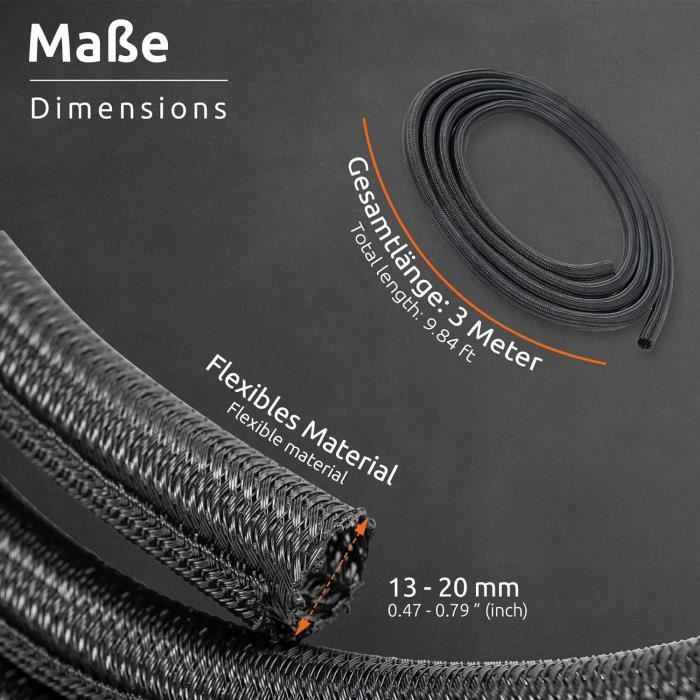 3m - 118inch Manchon de Cache Cable 13-20mm, Noir Extensible Gaine