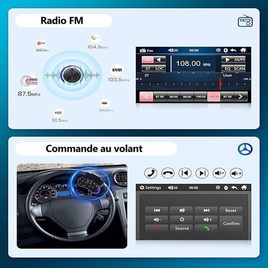 Autoradio 7 Pouces 1 DIN Avec CarPlay/Android Auto Sans Fil - Écran Tactile, Commandes Volant, Double USB-C, Caméra Recul