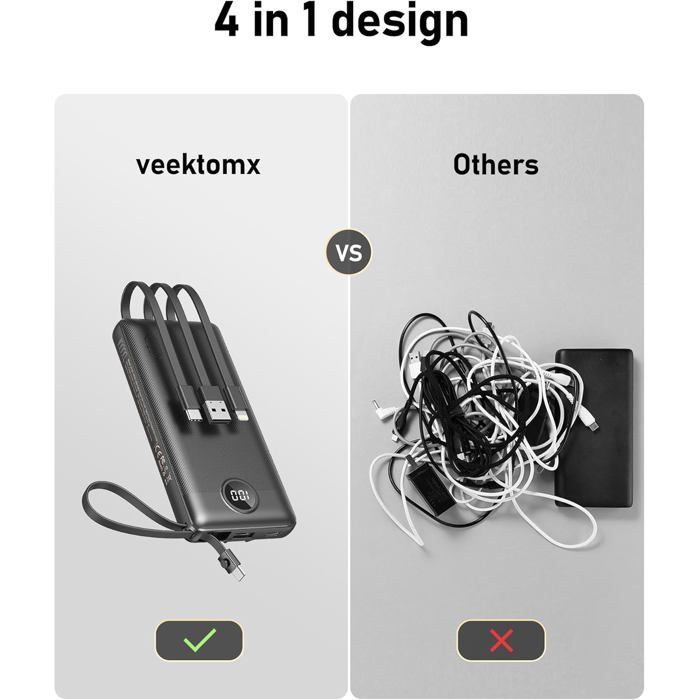 Batterie Externe 20000mAh Avec Câbles Intégrés - 4 Câbles (USB-C, Micro, Lightning, USB-A), 5 Sorties, Charge Rapide, Légère - 10