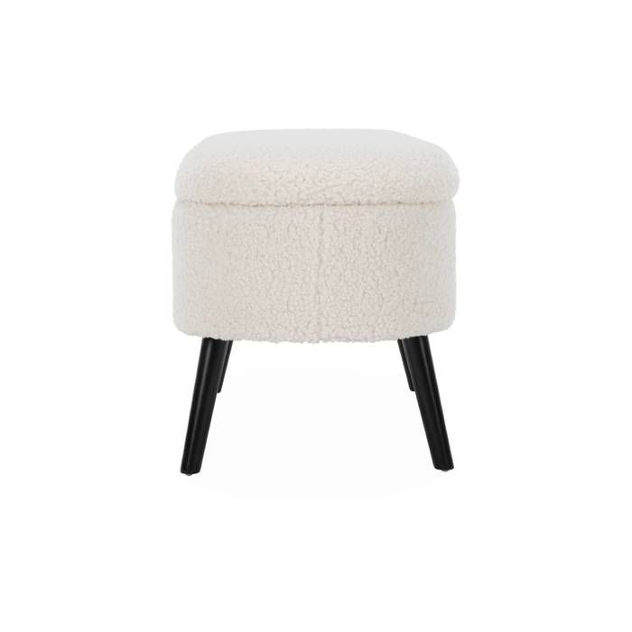 Banc Coffre Bout De Lit Alice's Home - Revêtement Bouclette Douce Écru, Pieds Bois Noir Mat - Rangement Idéal 112 X 44 X 50 Cm