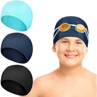 3pcs bonnets de bain en polyester en tissu pour cheveux longs en nylon flexible unisexe pour enfants et adultes