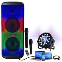 Enceinte USB Bluetooth sur batterie Karaoke 600W ELECTRO-SOUND600 TWS - 2 Micros - Projecteur Par Astro Ibiza - Soirée Fête