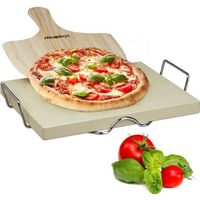 Relaxdays Pierre à pizza 3 cm épaisseur pierre à pain rectangle support en métal pelle à pizza en bois HxlxP: 7 x 43 x 31,5 cm
