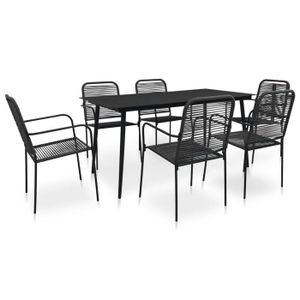 Ensemble table et chaise de jardin Mobilier a dîner d exterieur 7 pieces corde en coton et acier noir