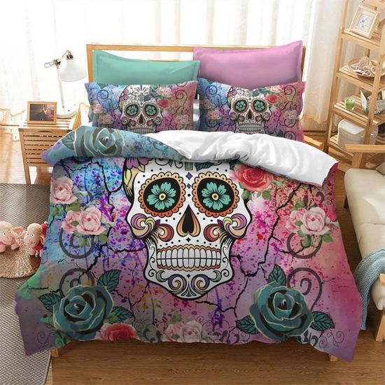 Erosebridal Parure de lit avec housse de couette sur le thème de la tête de mort, motif tête de mort gothique 3D, motif tête de mort, floral et tête de mort, pour Erosebridal Parure de lit avec housse de couette sur le thème de la tête de mort, motif tête de mort gothique 3D, motif tête de mort, floral et tête de mort, pour