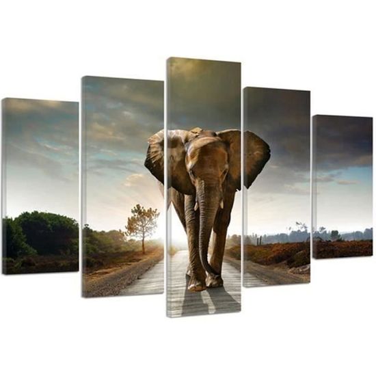 Tableau Toile 'Coucher De Soleil Savane éléphants' 90x60 Cm - Déco Murale Moderne Pour Salon, Chambre, Bureau - 11