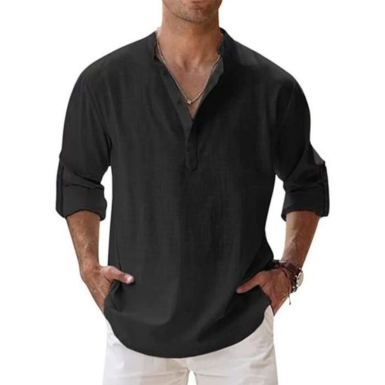 Henley Homme Chemise Homme En Lin Et Coton - Manches Longues, Col V, Fit Slim - Idéale Été Chemisette Homme Grande Taille