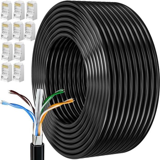 Câble Ethernet Cat 7 50m Blindé S/FTP - Haute Vitesse 10Gbit/s 600MHz, Intérieur Extérieur Imperméable Avec Connecteurs RJ45