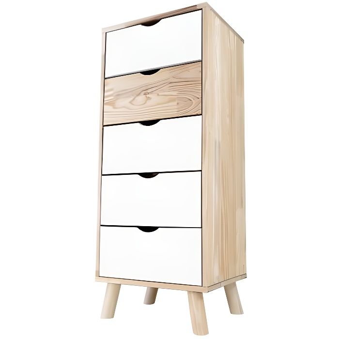 Chiffonnier 5 tiroirs Viking Scandinave bois (Blanc)