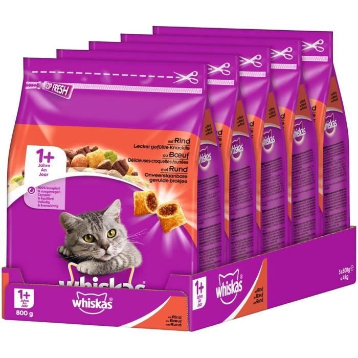 whiskas Chat Adult Croquettes Nourriture pour Chat à partir de 1 Ans avec Bovine (5 x 800 g) 447819
