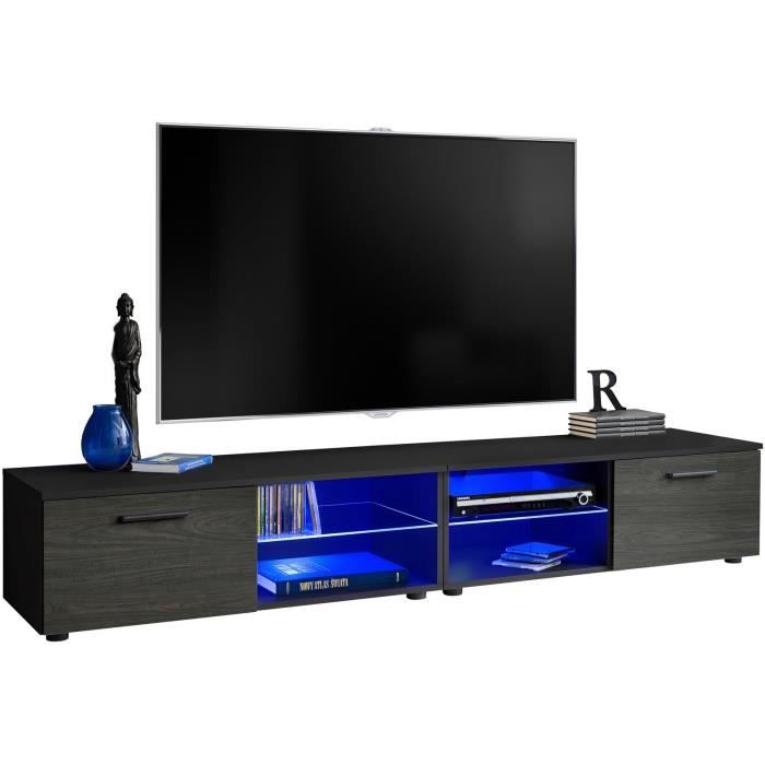 2 meubles TV avec une étagère en verre et une porte / Carcasse en Mat / Façades en Bois Mat / L(2x100cm) x H34.5cm x P45cm / Carbone
